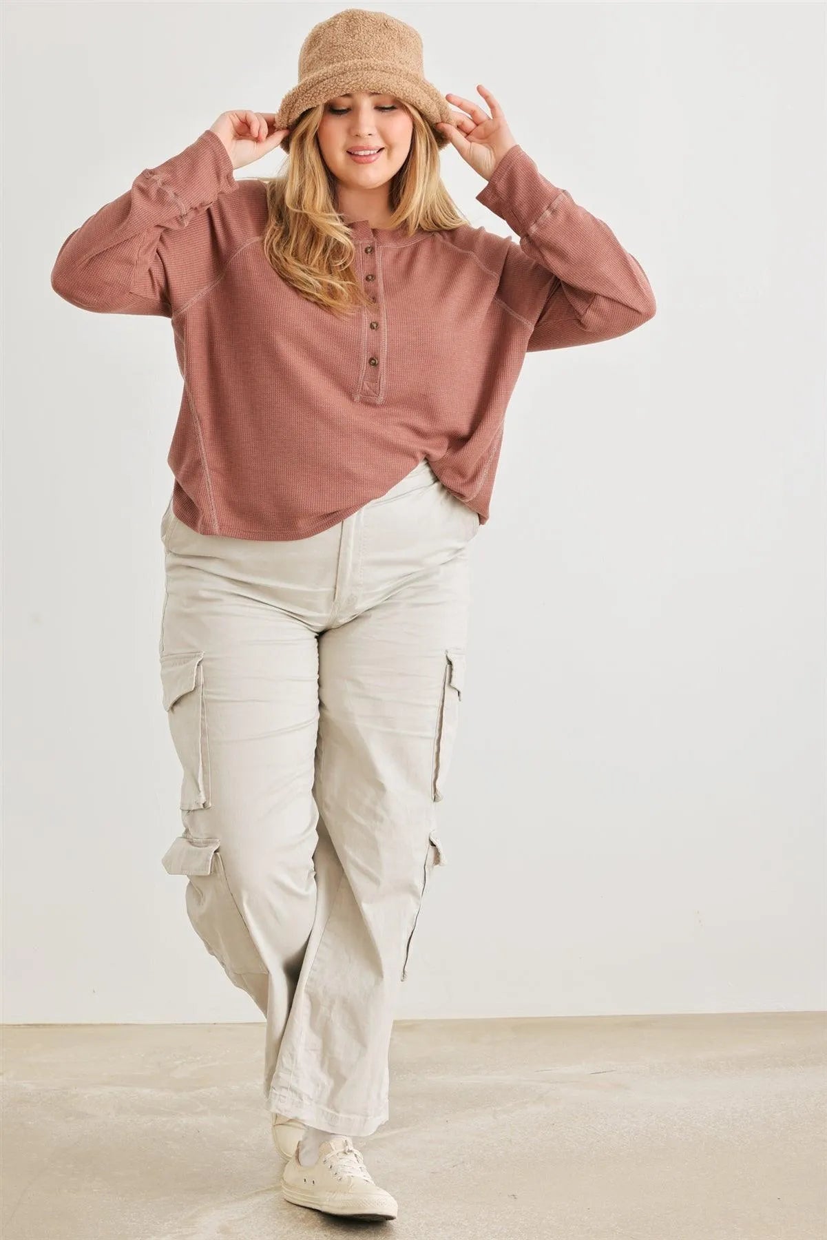 Junior Plus Terracotta Waffle Knit Button Neck Long Sleeve Top /3-3-1 - Tasha Apparel Wholesale