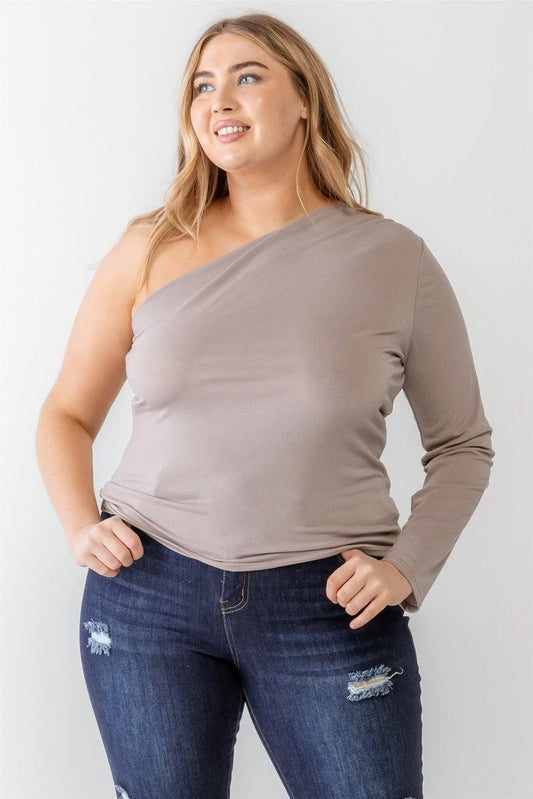 Junior Plus Mocha Textured One Shoulder Top /3-2-1 - Tasha Apparel Wholesale