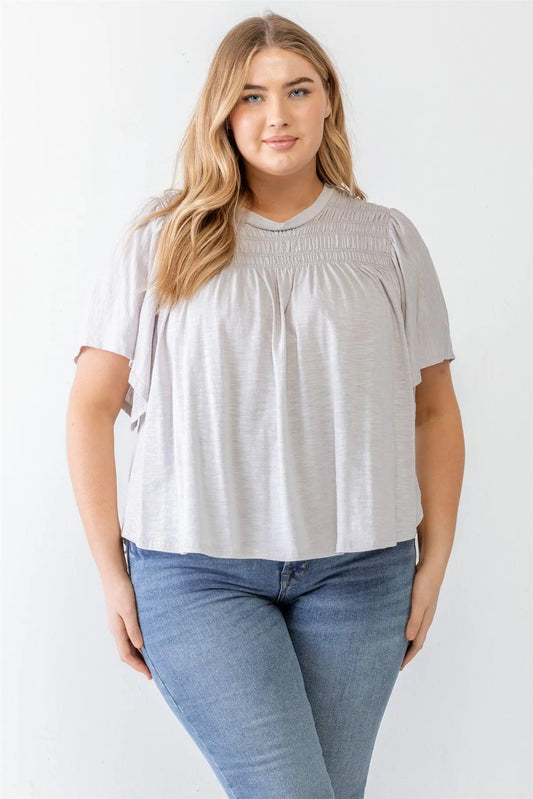 Junior Plus Grey Cotton Blend Smoked Short Sleeve Top /1-1-1 - Tasha Apparel Wholesale