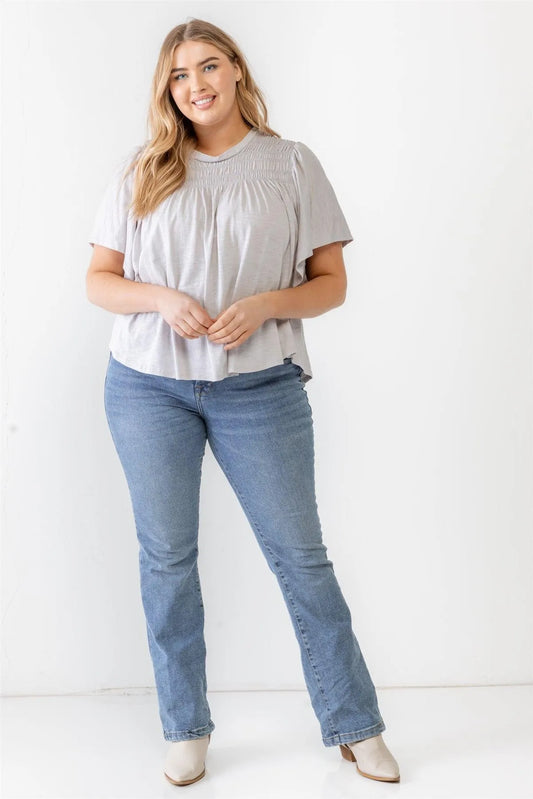 Junior Plus Grey Cotton Blend Smoked Short Sleeve Top /3-2-1 - Tasha Apparel Wholesale