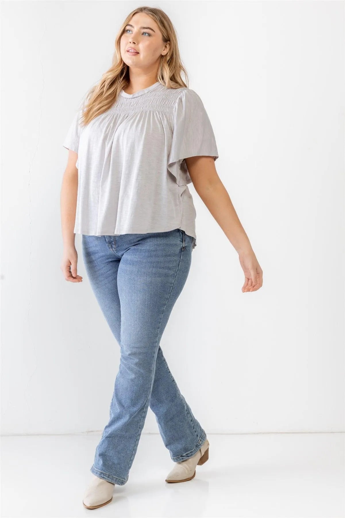 Junior Plus Grey Cotton Blend Smoked Short Sleeve Top /3-2-1 - Tasha Apparel Wholesale