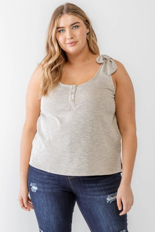 Junior Plus Warm Grey Ribbed Button Neck Tank Top /3-2-1 - Tasha Apparel Wholesale