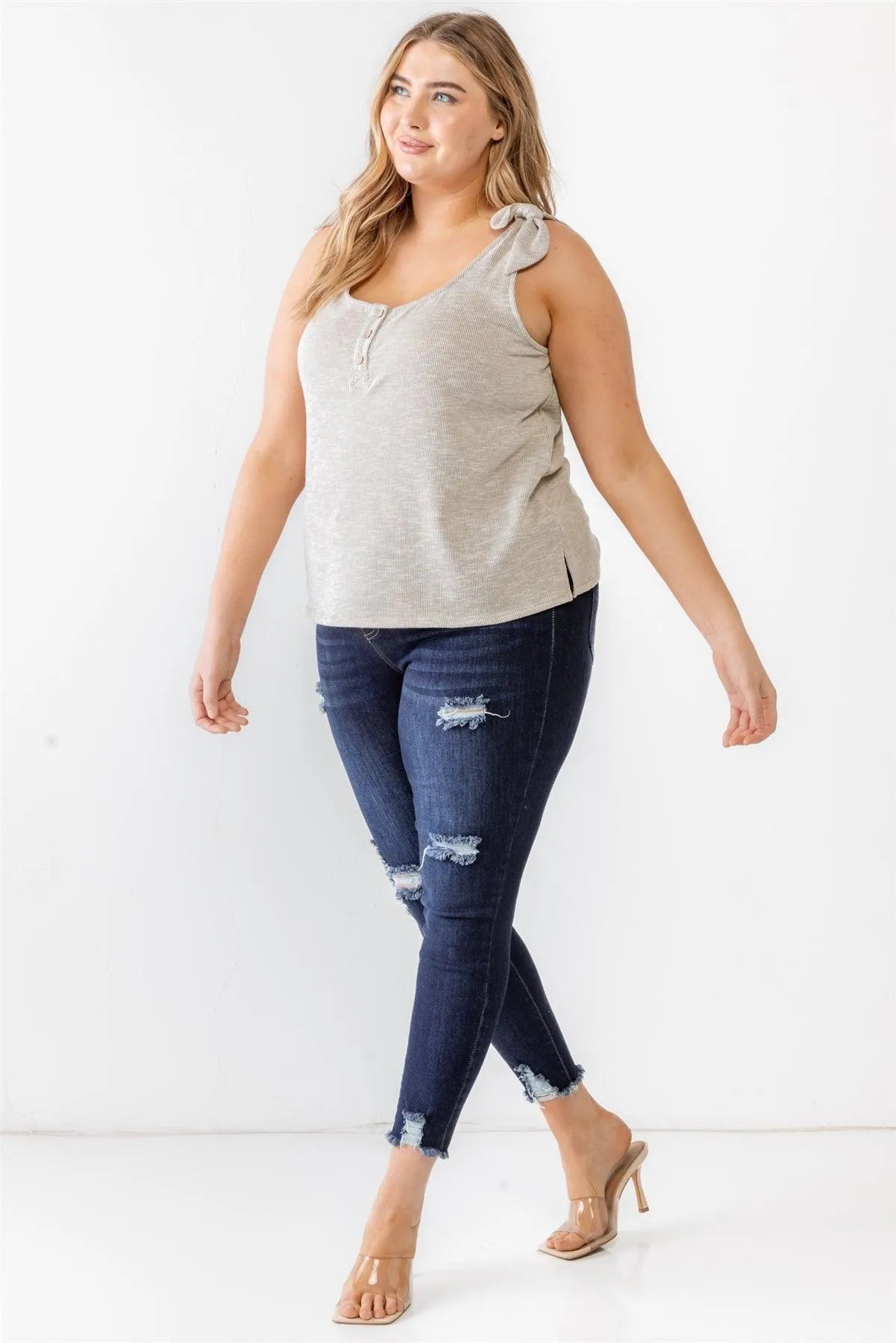 Junior Plus Warm Grey Ribbed Button Neck Tank Top /3-2-1 - Tasha Apparel Wholesale