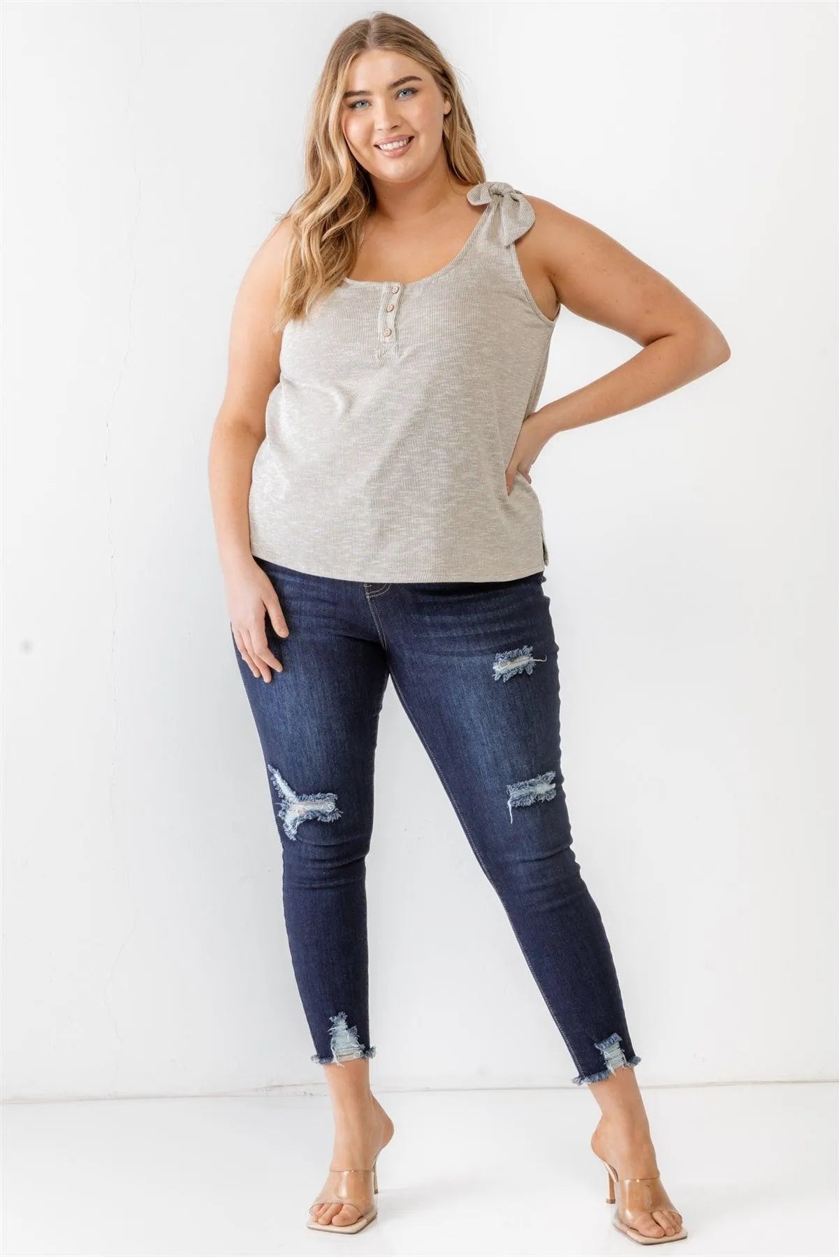 Junior Plus Warm Grey Ribbed Button Neck Tank Top /3-2-1 - Tasha Apparel Wholesale