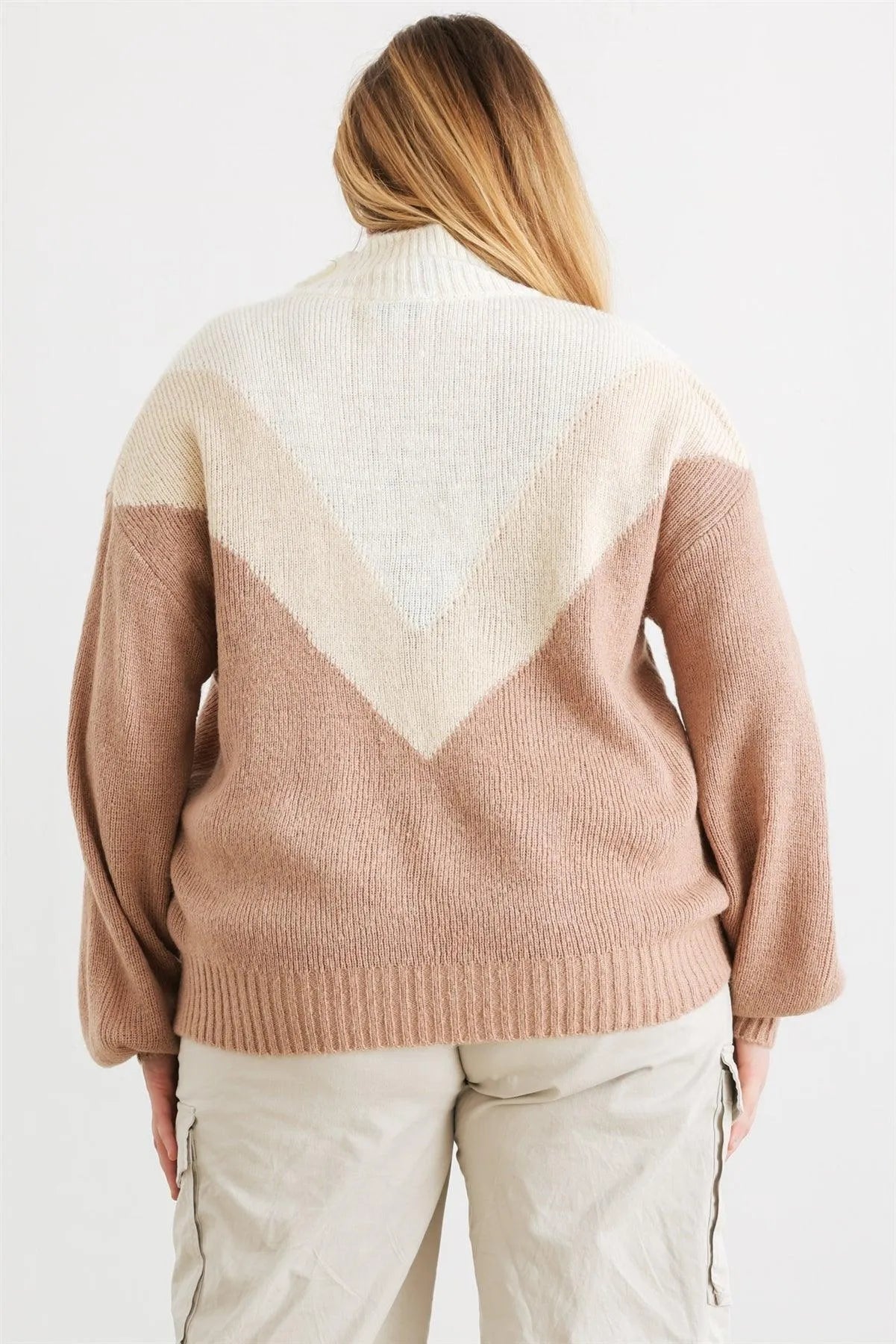 Junior Plus Ivory & Taupe Zip-Up Neck Long Sleeve Sweater /3-2-1 - Tasha Apparel Wholesale