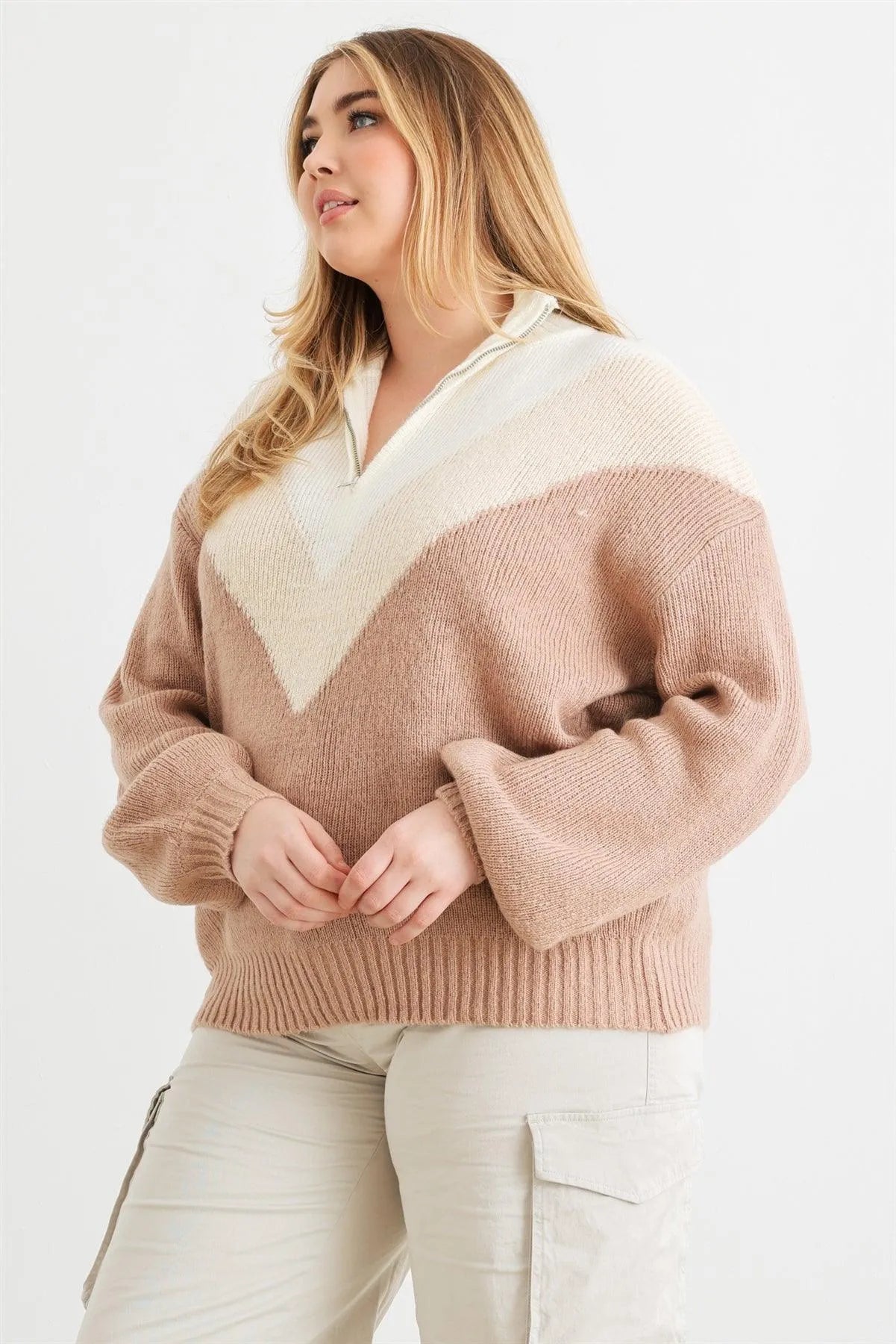 Junior Plus Ivory & Taupe Zip-Up Neck Long Sleeve Sweater /3-2-1 - Tasha Apparel Wholesale