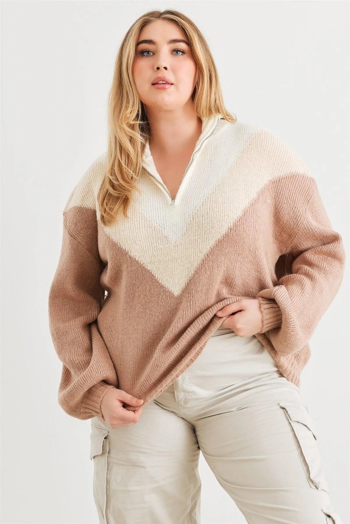 Junior Plus Ivory & Taupe Zip-Up Neck Long Sleeve Sweater /3-2-1 - Tasha Apparel Wholesale