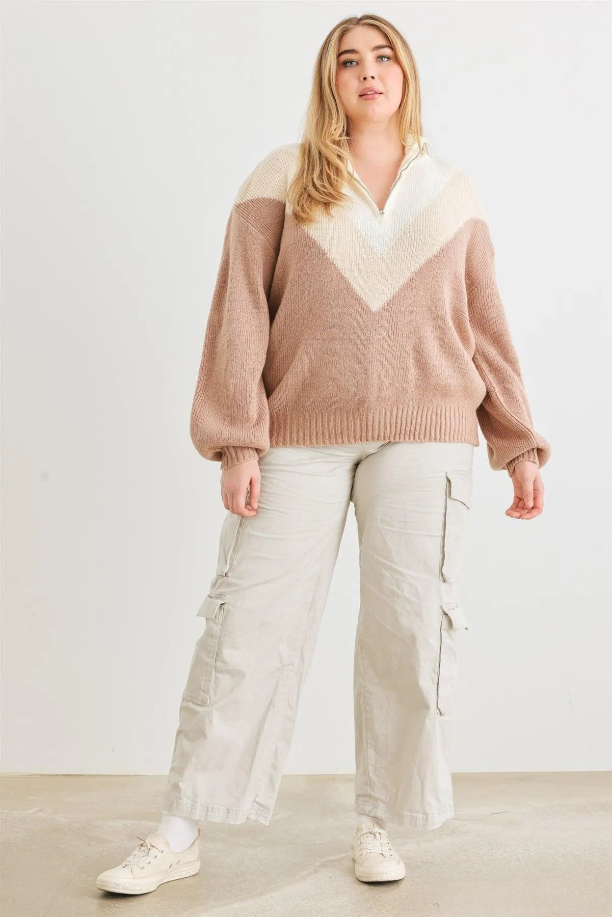 Junior Plus Ivory & Taupe Zip-Up Neck Long Sleeve Sweater /3-2-1 - Tasha Apparel Wholesale