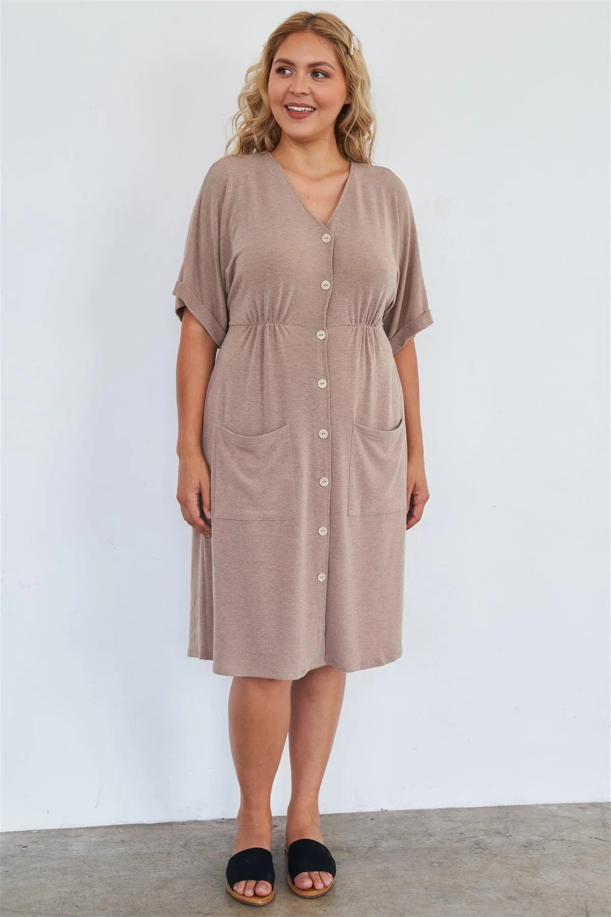 Comfy Mocha Fleece Short Sleeve Knee Length Button Up Dress - Tasha Apparel Wholesale