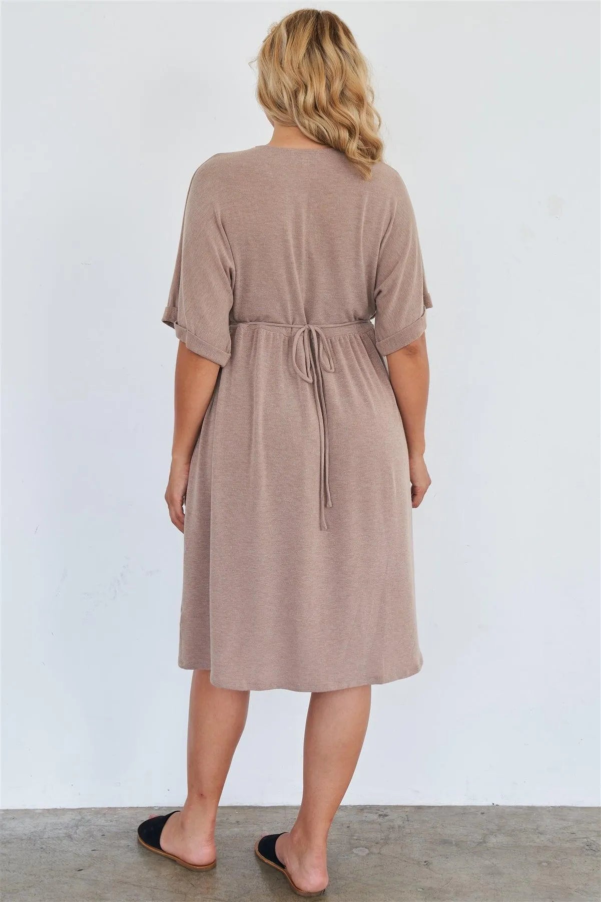 Comfy Mocha Fleece Short Sleeve Knee Length Button Up Dress - Tasha Apparel Wholesale