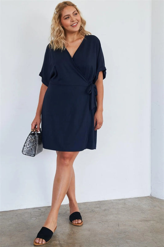 Navy Soft Comfortable Short Sleeve Stretchy Casual Wrap Dress - Tasha Apparel Wholesale