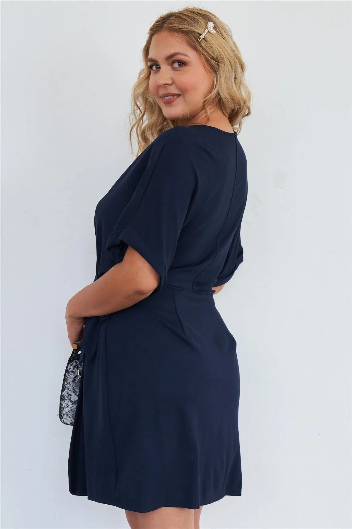 Navy Soft Comfortable Short Sleeve Stretchy Casual Wrap Dress - Tasha Apparel Wholesale