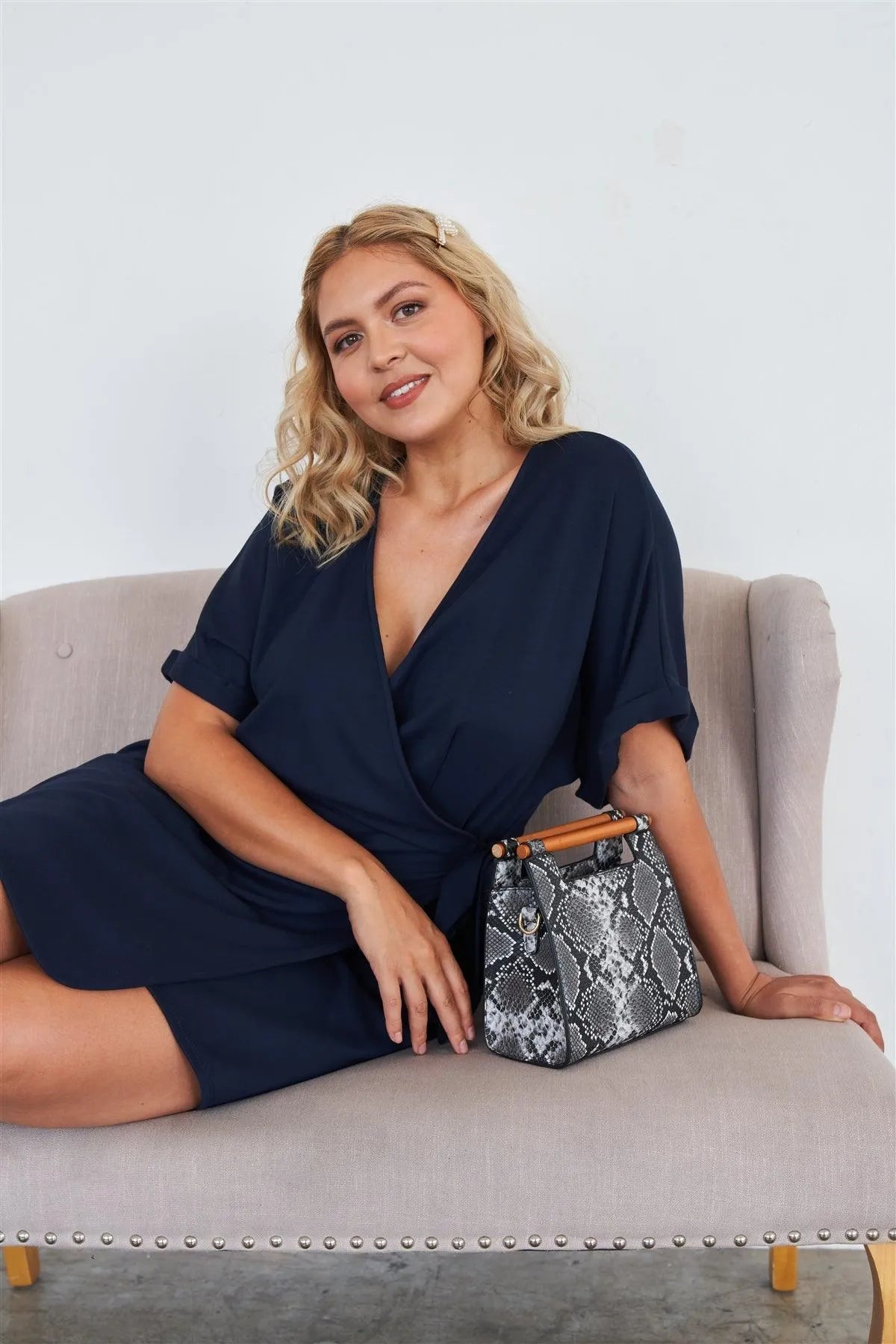 Navy Soft Comfortable Short Sleeve Stretchy Casual Wrap Dress - Tasha Apparel Wholesale