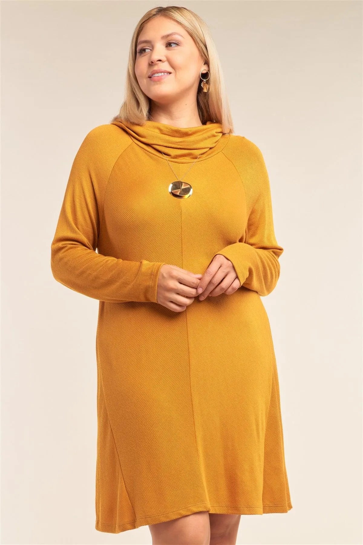 Junior Plus Size Amber Loose Fit Long Sleeve Semi-Turtleneck Poncho Tunic Mini Dress /2-2-1-1 - Tasha Apparel Wholesale