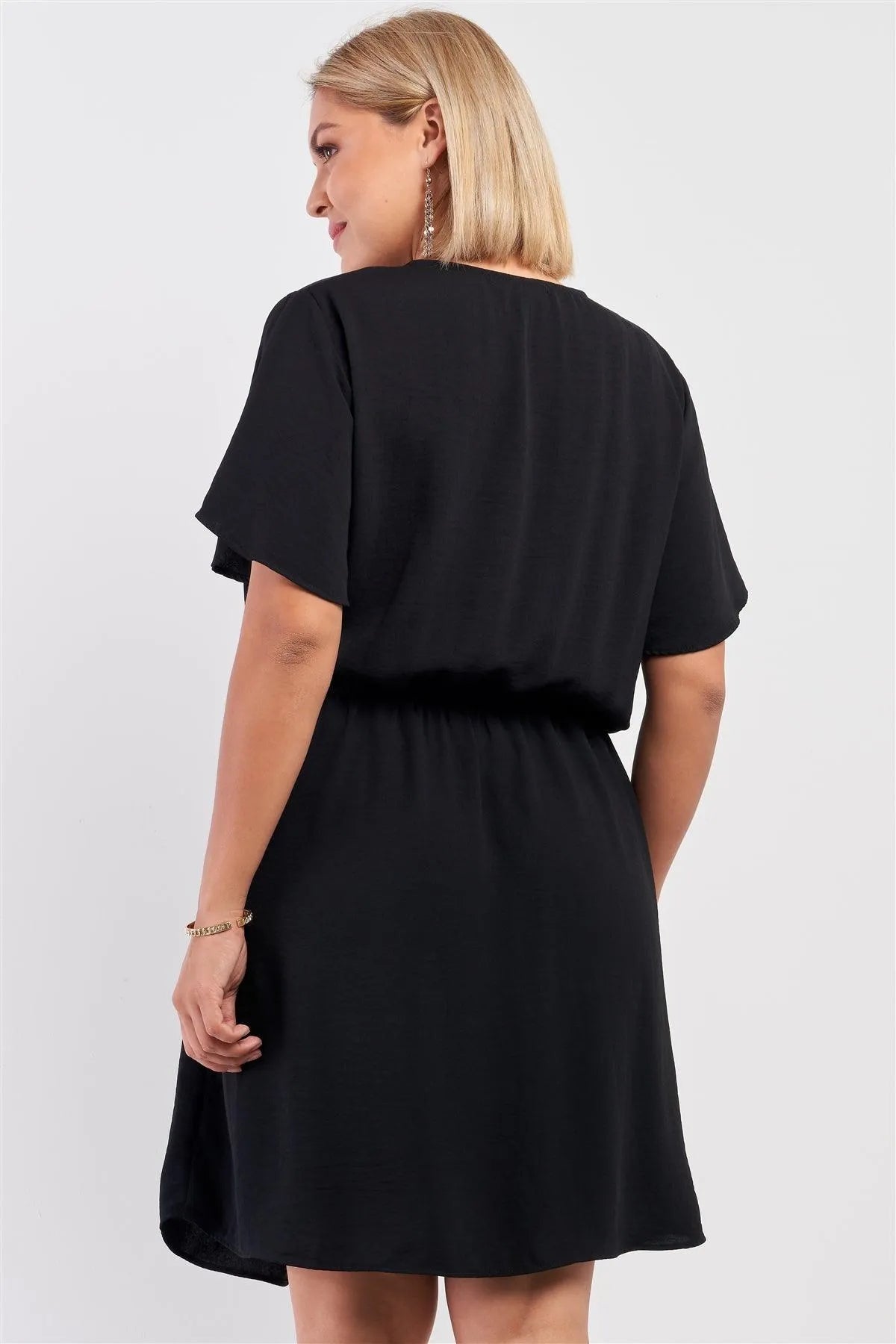 Junior Plus Black Wrap Front Self-Tie Waist Mini Dress /3-2-1 - Tasha Apparel Wholesale