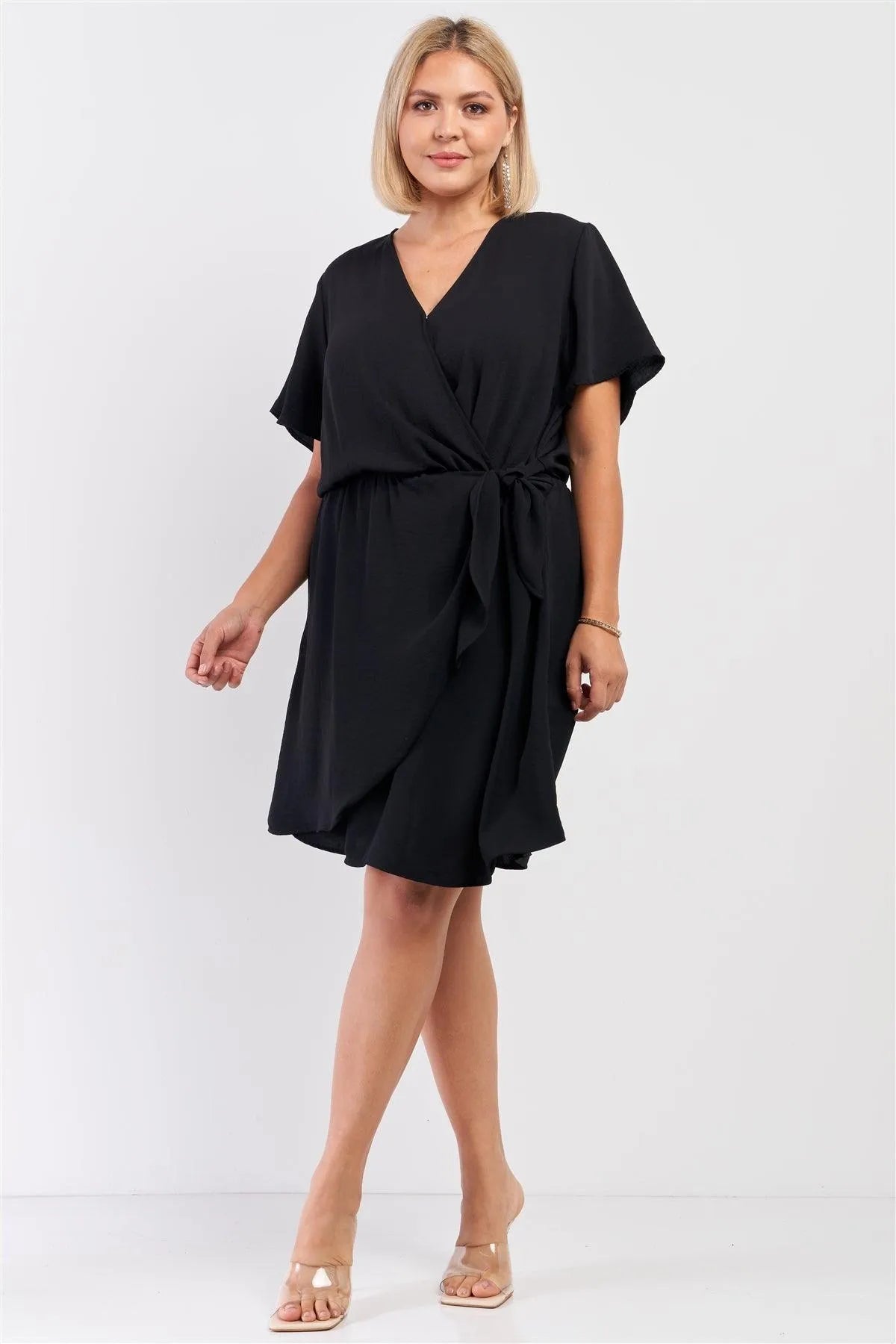 Junior Plus Black Wrap Front Self-Tie Waist Mini Dress /3-2-1 - Tasha Apparel Wholesale