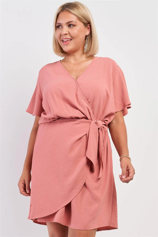 Junior Plus Blush Wrap Front Self-Tie Waist Mini Dress /3-2-1 - Tasha Apparel Wholesale
