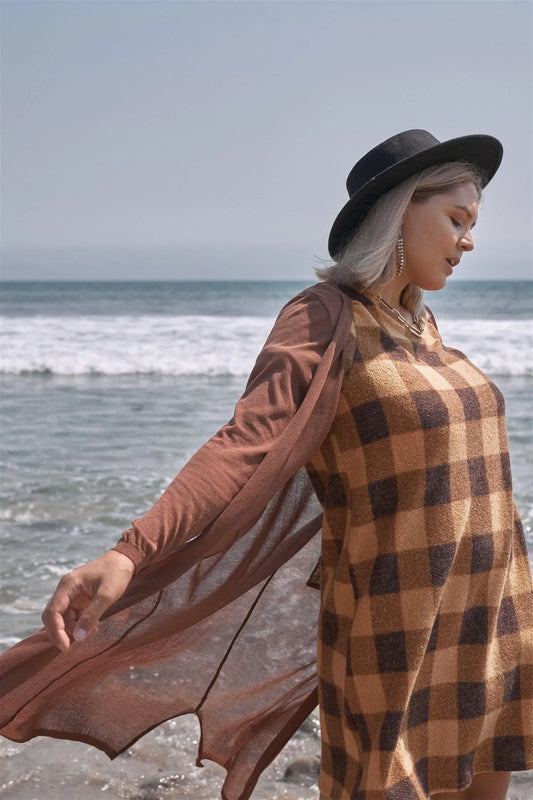 Junior Plus Size Mustard Checkered Round Neck Short Sleeve Sweater Mini Dress /2-2-1-1 - Tasha Apparel Wholesale
