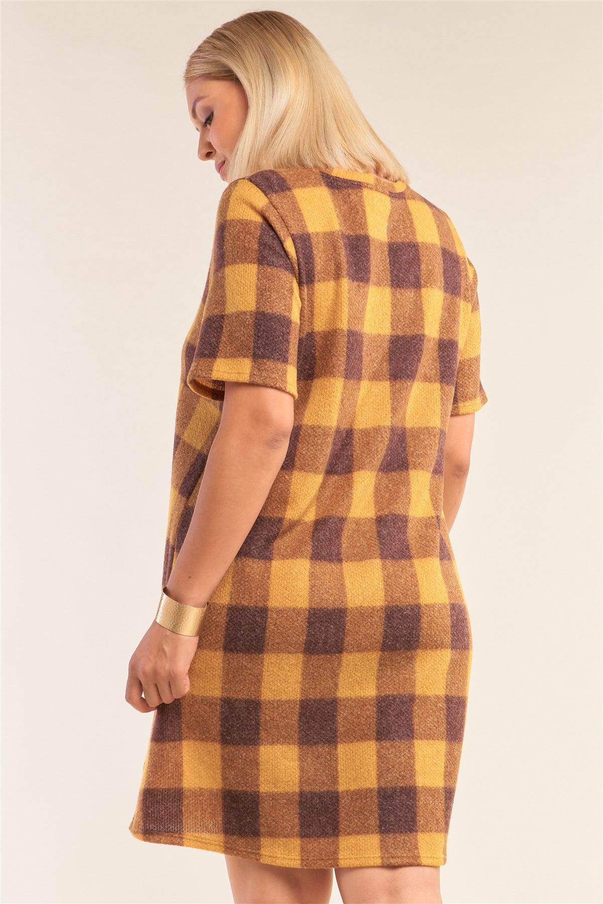 Junior Plus Size Mustard Checkered Round Neck Short Sleeve Sweater Mini Dress /2-2-1-1