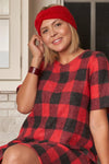 Junior Plus Size Red Checkered Round Neck Short Sleeve Sweater Mini Dress /2-2-1-1 - Tasha Apparel Wholesale