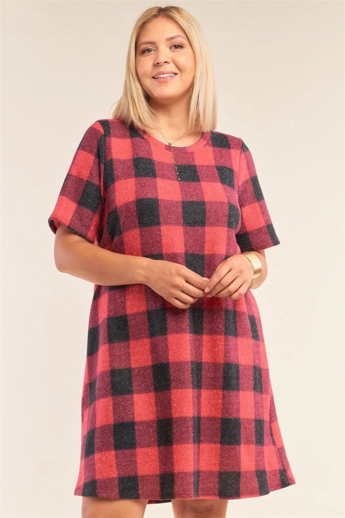 Junior Plus Size Red Checkered Round Neck Short Sleeve Sweater Mini Dress /2-2-1-1 - Tasha Apparel Wholesale