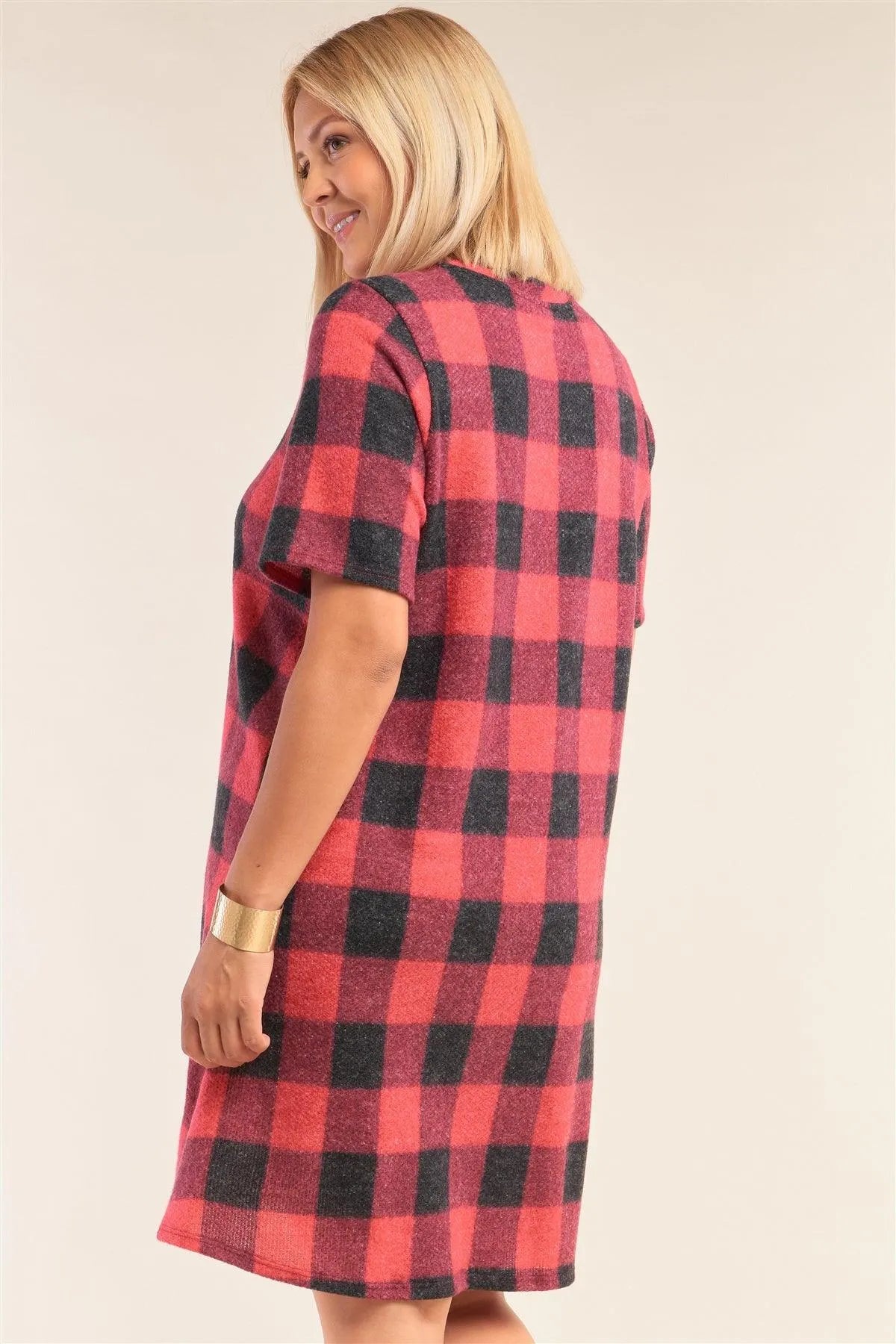 Junior Plus Size Red Checkered Round Neck Short Sleeve Sweater Mini Dress /2-2-1-1 - Tasha Apparel Wholesale