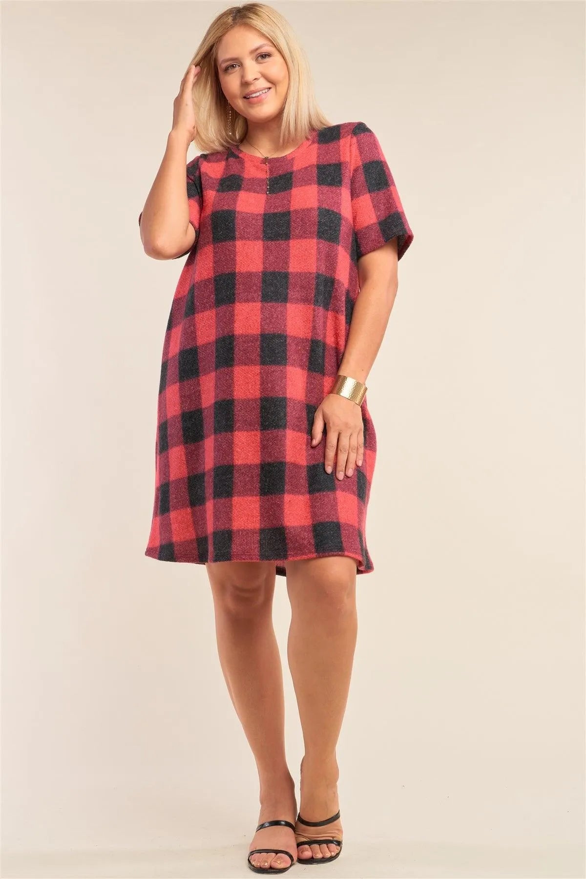 Junior Plus Size Red Checkered Round Neck Short Sleeve Sweater Mini Dress /2-2-1-1 - Tasha Apparel Wholesale