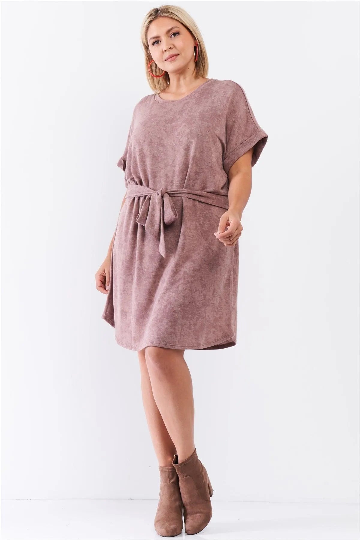Junior Plus Light Brown Acid Wash Print Self-Tie Waist Detail Mini Dress /3-2-1 - Tasha Apparel Wholesale