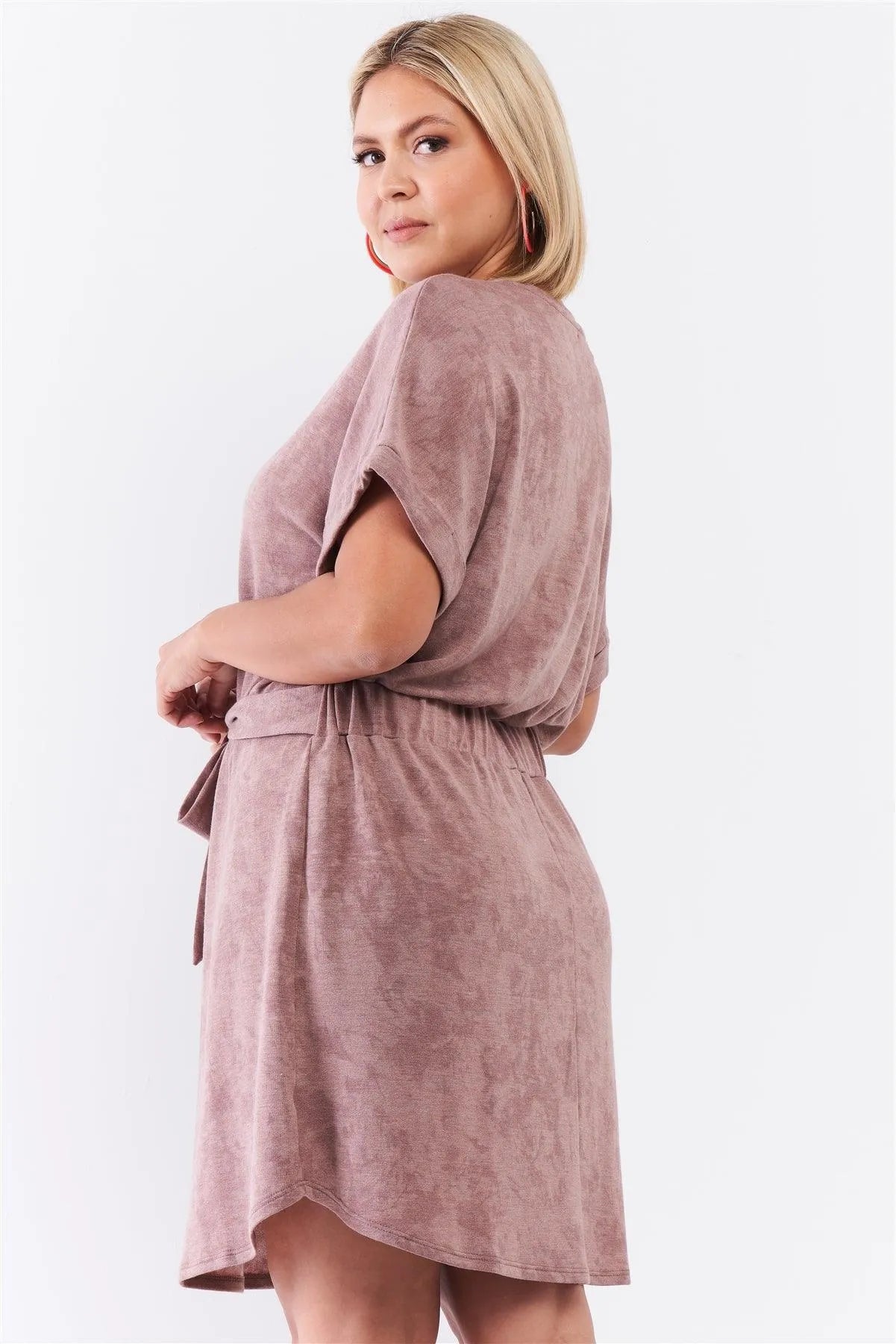Junior Plus Light Brown Acid Wash Print Self-Tie Waist Detail Mini Dress /3-2-1 - Tasha Apparel Wholesale