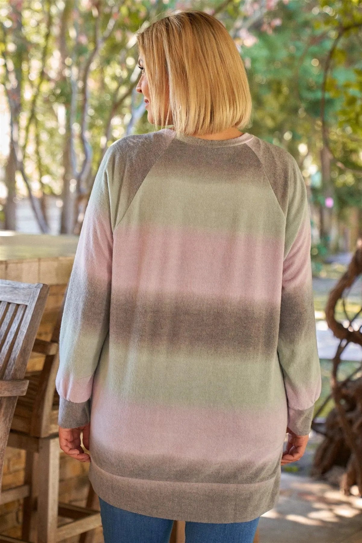 Lavender Grey Green Gradient Crew Neck Long Sleeve Side Slit Long Top /3-2-1 - Tasha Apparel Wholesale