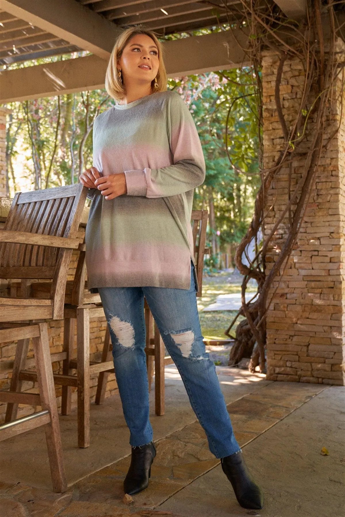 Lavender Grey Green Gradient Crew Neck Long Sleeve Side Slit Long Top /3-2-1 - Tasha Apparel Wholesale