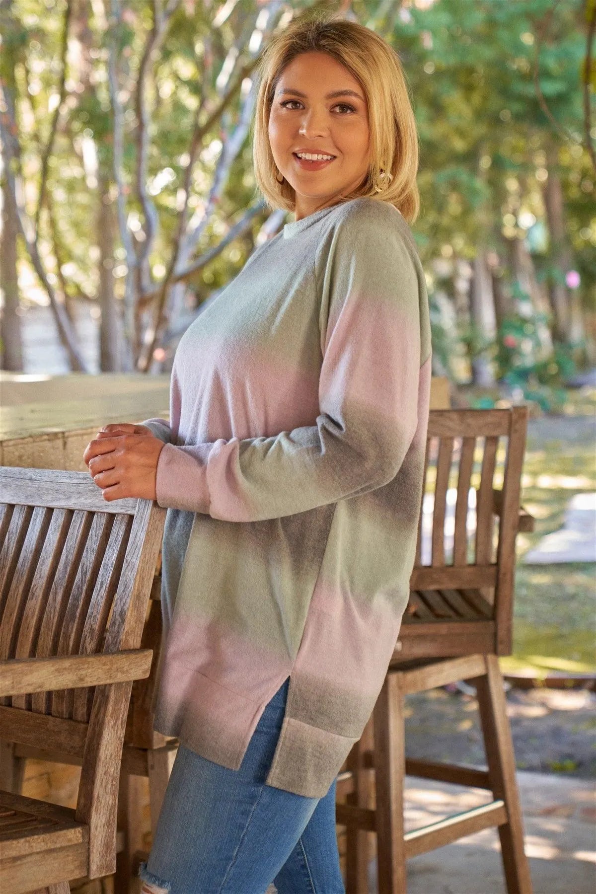Lavender Grey Green Gradient Crew Neck Long Sleeve Side Slit Long Top /3-2-1 - Tasha Apparel Wholesale
