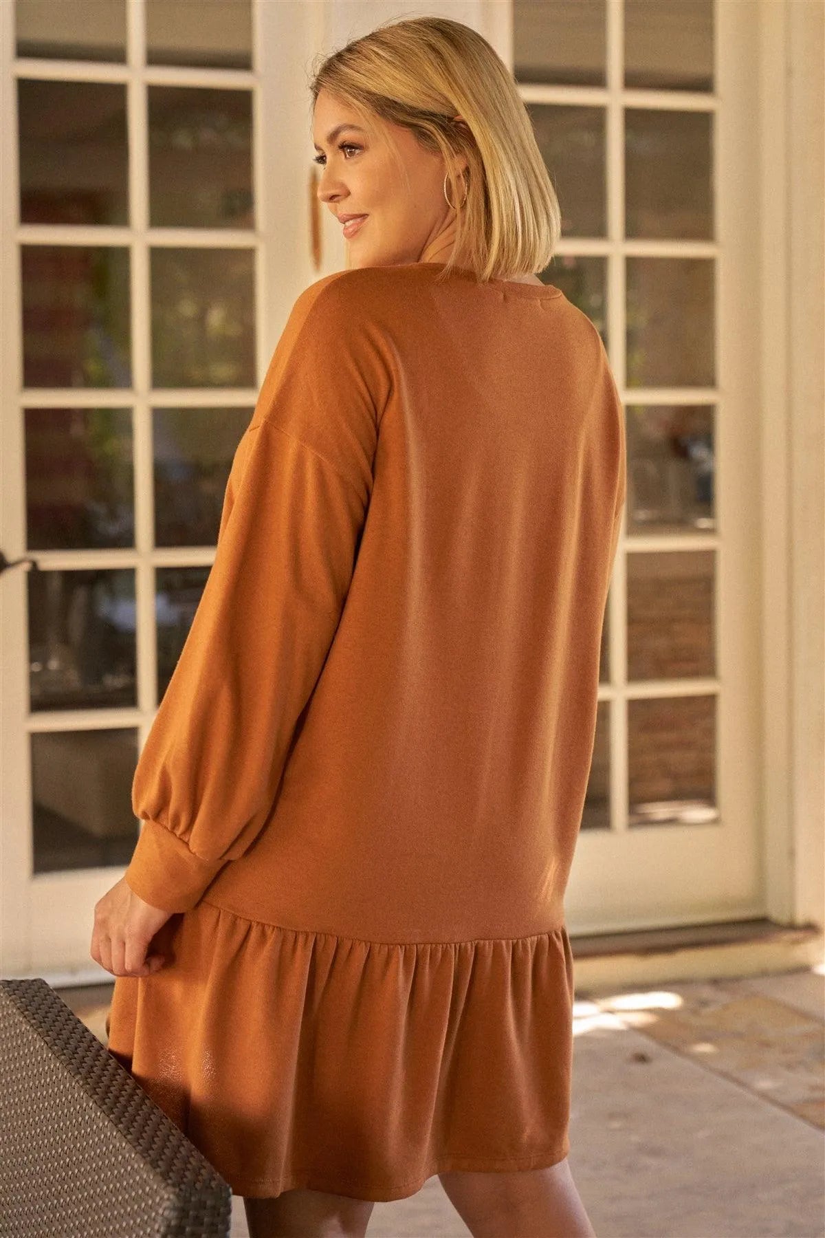 Junior Plus Camel Round Neck Long Sleeve Drop Waist Sweatshirt Mini Dress /4-1-1 - Tasha Apparel Wholesale