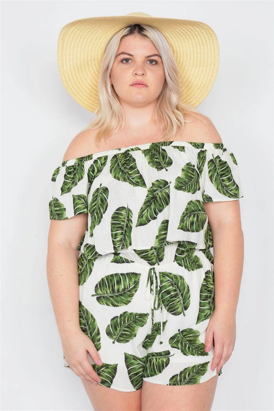 Junior Plus Size Ivory Off-The-Shoulder Tropical Print Flounce Trim Casual Romper /2-2-1-1 - Tasha Apparel Wholesale