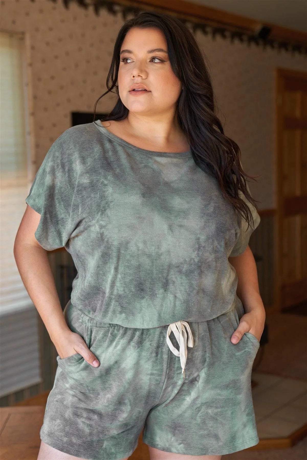 Junior Plus Olive Tie-Dye Print Short Sleeve Round Neck Self-Tie Waist Romper /3-2-1 - Tasha Apparel Wholesale