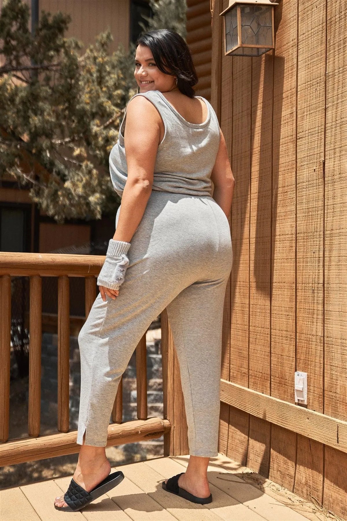 Junior Plus Heather-Grey Round Neck Sleeveless Tie Waist Jumpsuit /3-2 - Tasha Apparel Wholesale