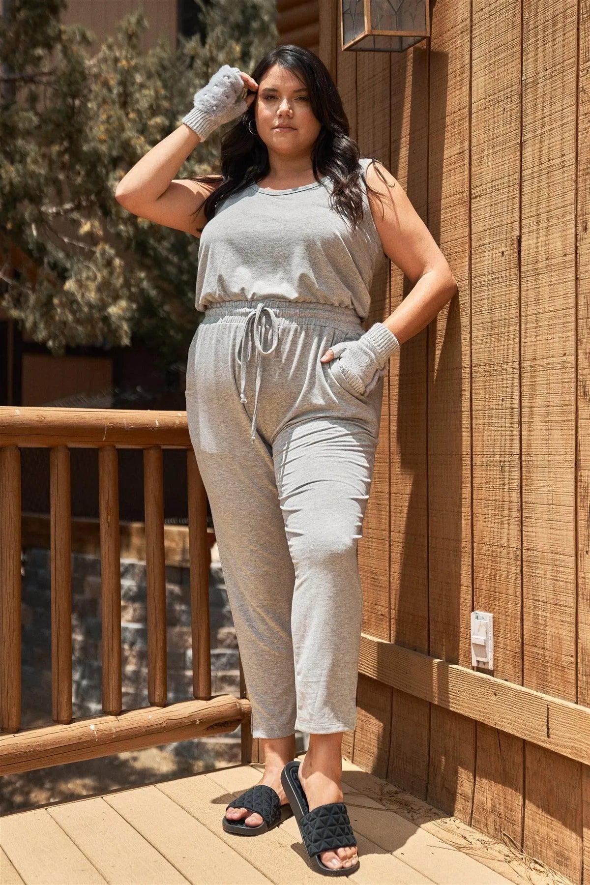 Junior Plus Heather-Grey Round Neck Sleeveless Tie Waist Jumpsuit /3-2 - Tasha Apparel Wholesale