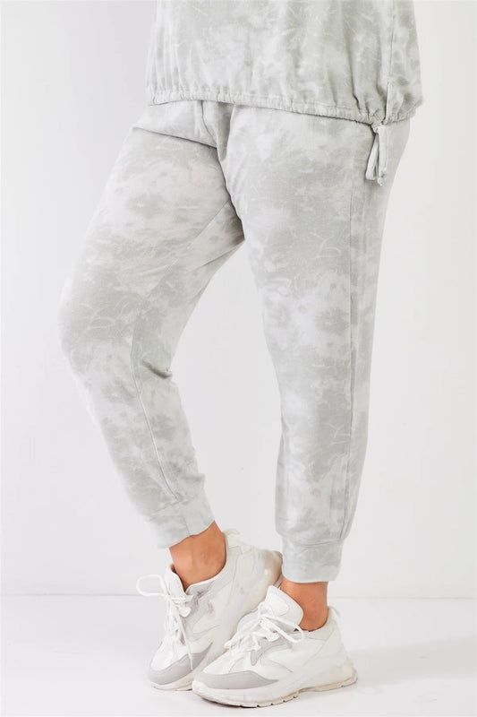Junior Plus Sage Tie-Dye Bleached Effect High Waist Comfy Jogger Pants /2-2-1 - Tasha Apparel Wholesale