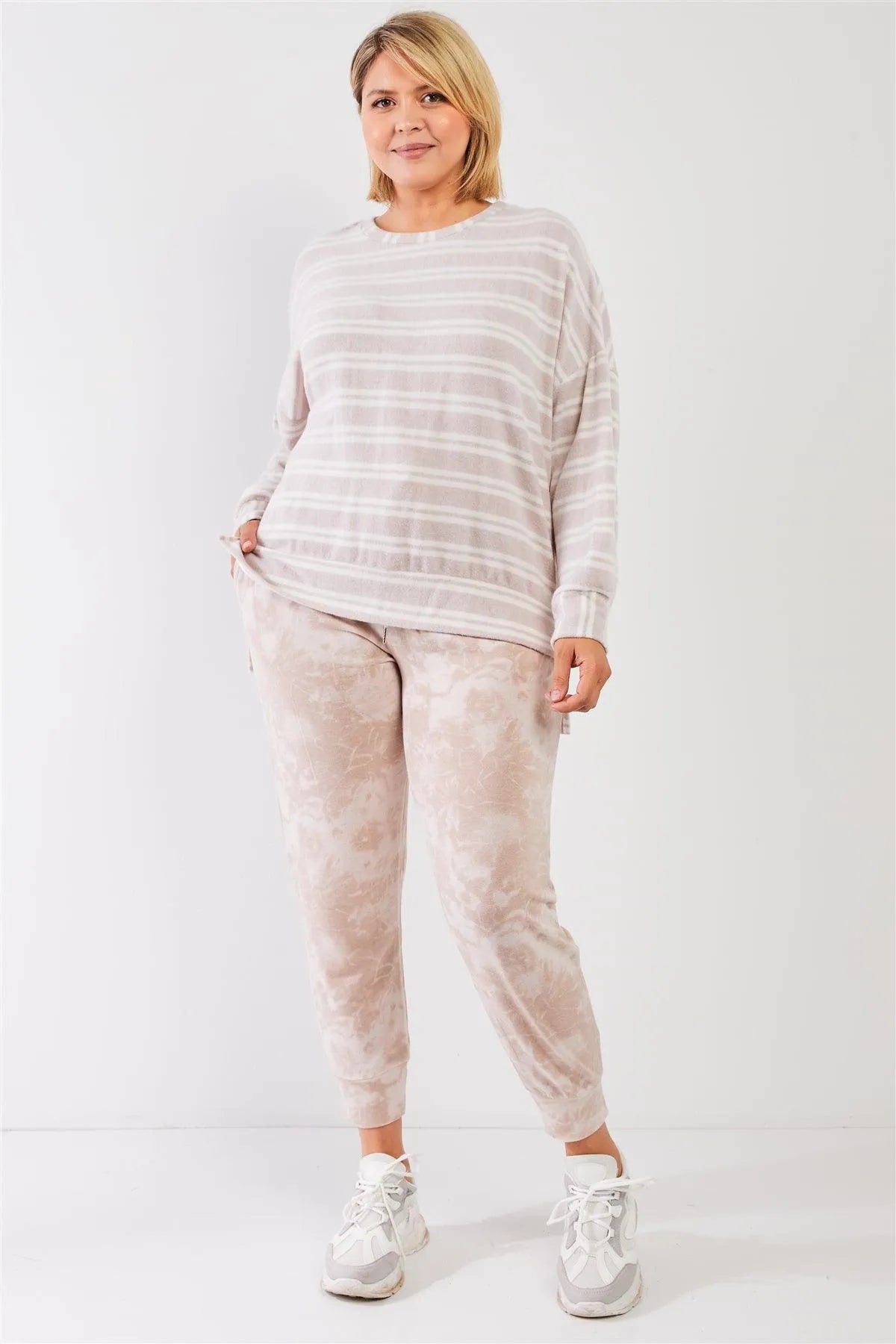 Junior Plus Taupe Tie-Dye Bleached Effect High Waist Comfy Jogger Pants /3-2-1 - Tasha Apparel Wholesale