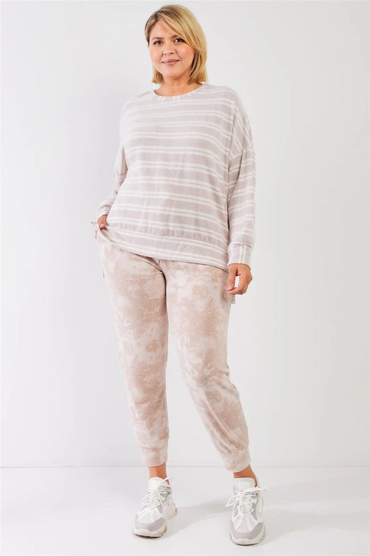 Junior Plus Taupe Tie-Dye Bleached Effect High Waist Comfy Jogger Pants /3-2-1 - Tasha Apparel Wholesale