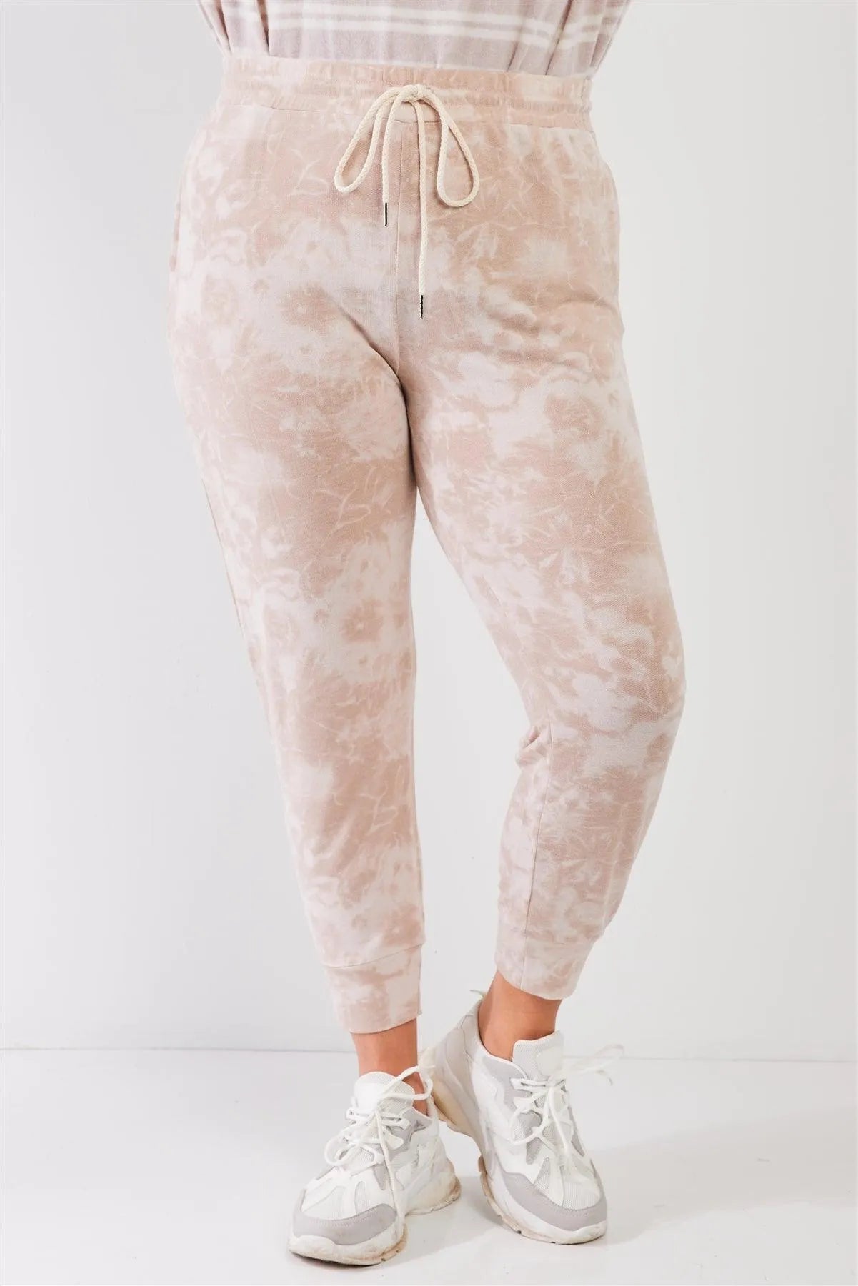 Junior Plus Taupe Tie-Dye Bleached Effect High Waist Comfy Jogger Pants /3-2-1 - Tasha Apparel Wholesale