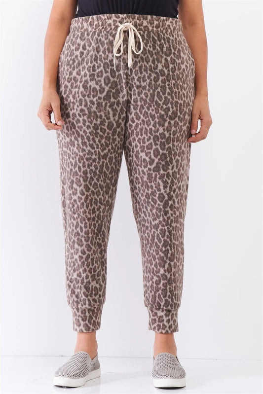 Taupe Brown Leopard Print Self-Tie High Waist Super Soft Lounge Pants /2-2-1 - Tasha Apparel Wholesale