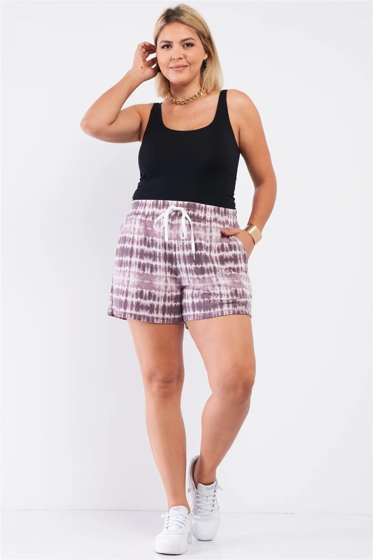 Junior Plus Plum Tie Dye Two Side Pocket Relaxed Fit Short Sleeve Shorts /3-2-1 - Tasha Apparel Wholesale