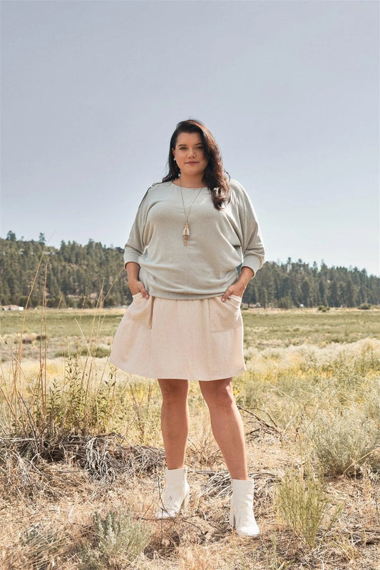 Junior Plus Beige Ribbed Elasticated Waistline Two Side Pockets Flare Mini Skirt /3-2-1 - Tasha Apparel Wholesale