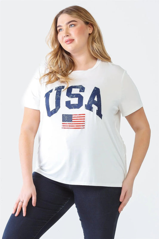 Junior Plus White "USA" Print Crew Neck Short Sleeve Top /2-2 - Tasha Apparel Wholesale