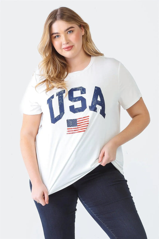 Junior Plus White "USA" Print Crew Neck Short Sleeve Top /3-2-1 - Tasha Apparel Wholesale