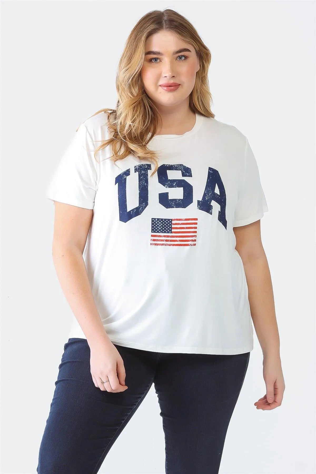 Junior Plus White "USA" Print Crew Neck Short Sleeve Top /3-2-1 - Tasha Apparel Wholesale