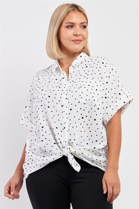 Junior Plus White & Black Polka Dot Pattern Button Down Self-Tie Front Detail Top /2-2-1 - Tasha Apparel Wholesale