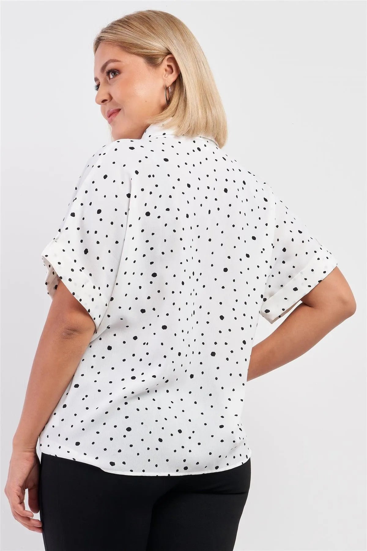 Junior Plus White & Black Polka Dot Pattern Button Down Self-Tie Front Detail Top /2-2-1 - Tasha Apparel Wholesale