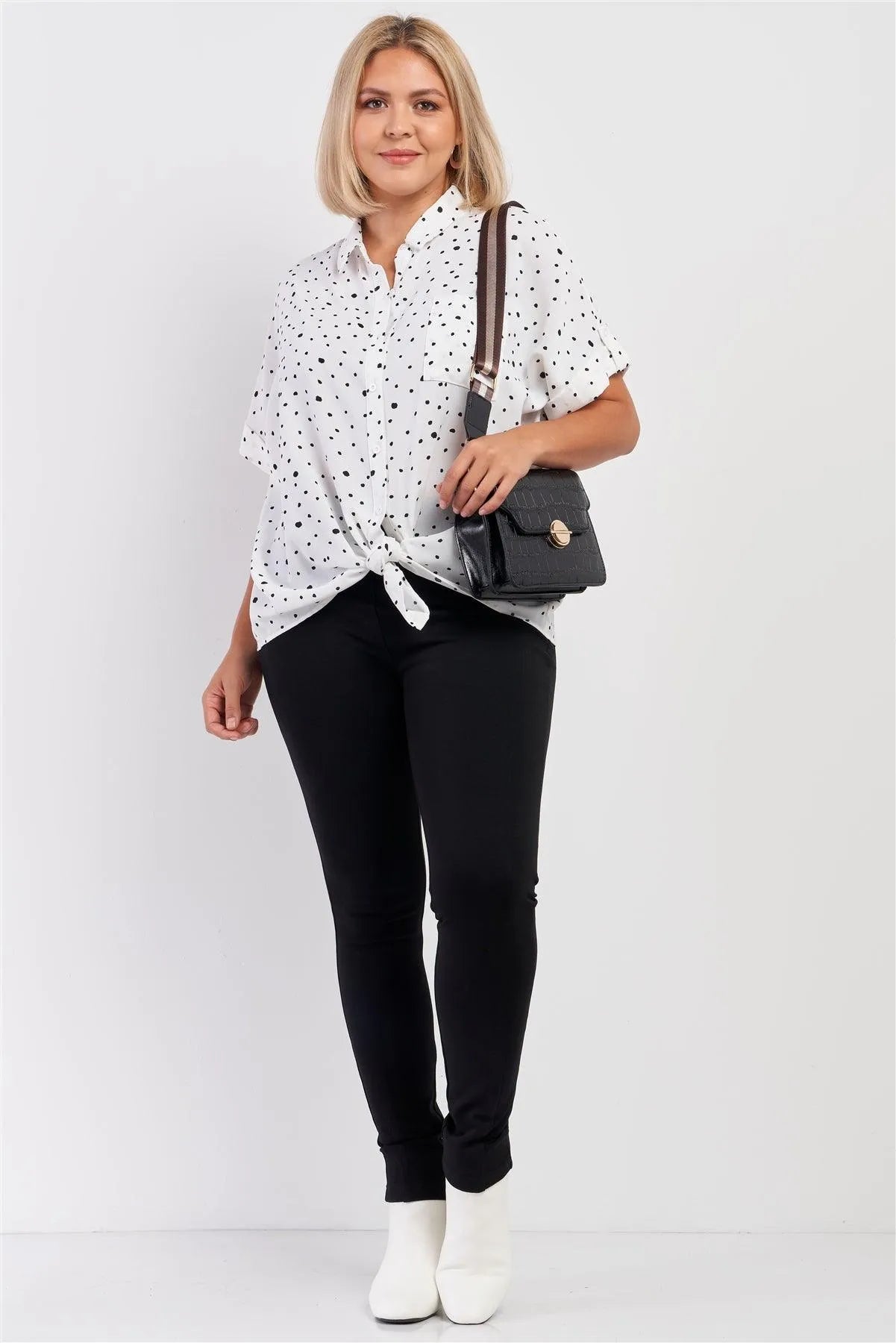 Junior Plus White & Black Polka Dot Pattern Button Down Self-Tie Front Detail Top /2-2-1 - Tasha Apparel Wholesale